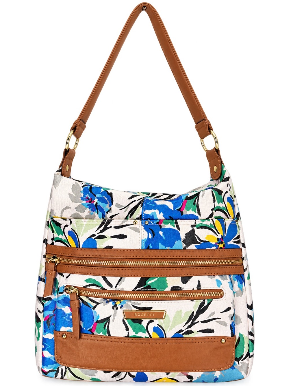 Rosetti Blue Floral Canvas Shoulder Bag with Tan Trim